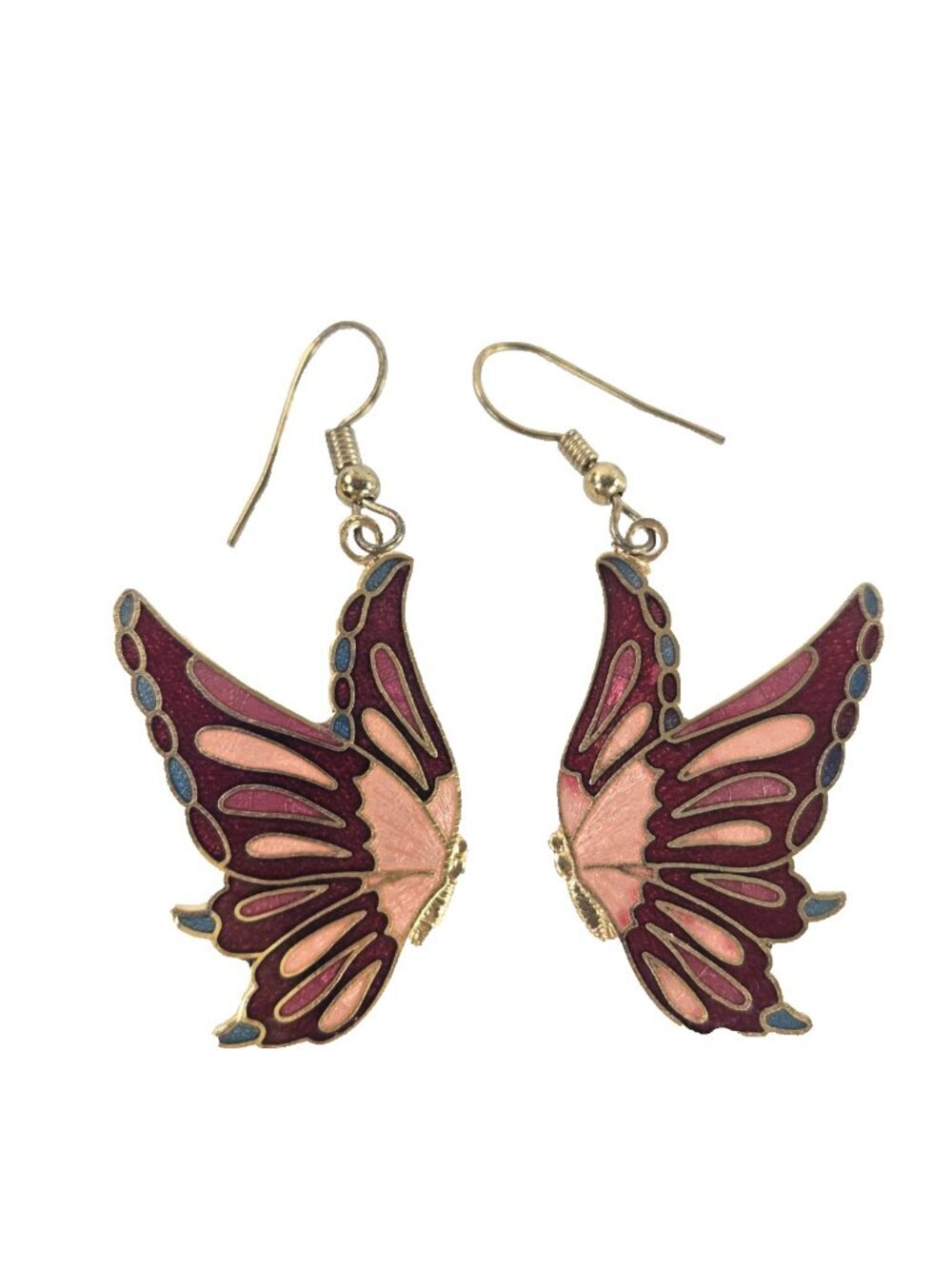 Vintage Cloisonne Butterfly Dangle Earrings Burgundy Pink Spring Fairycore